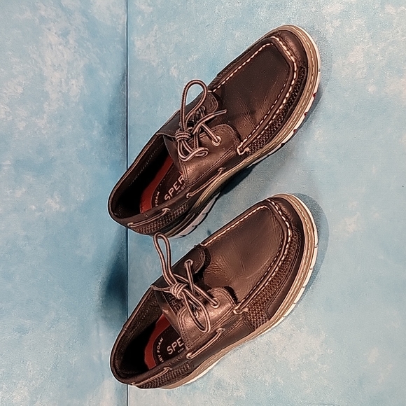 ❤Men's Sperry Top Siders, Black Leather w/ Tri-Color Soles & Memory Foam Insoles - Picture 2 of 13